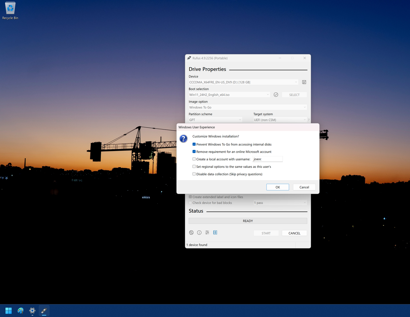لقطة شاشة لبرنامج Rufus تعرض نافذة منبثقة مع خيارات التكوين لتثبيت Windows To Go
