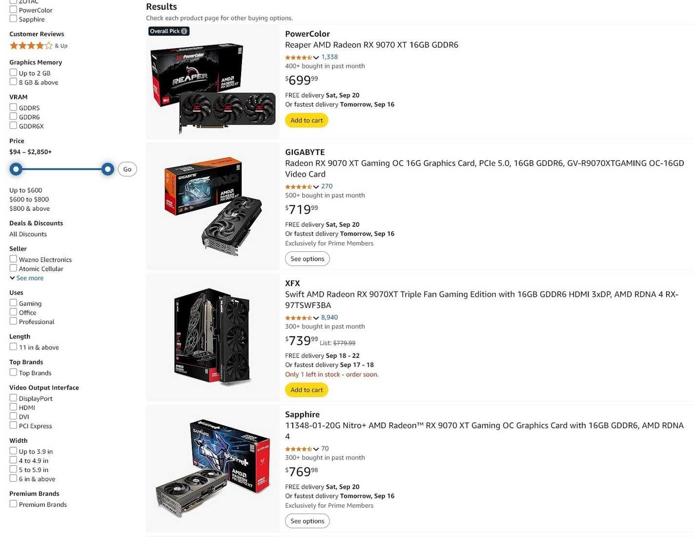 Amazon search results for RX 9070 XT GPU