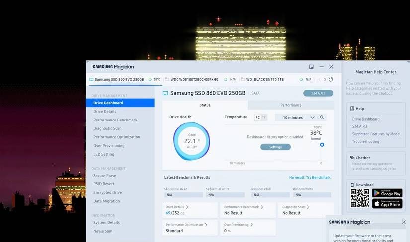 Screenshot of Samsung Magician software running on Windows 10