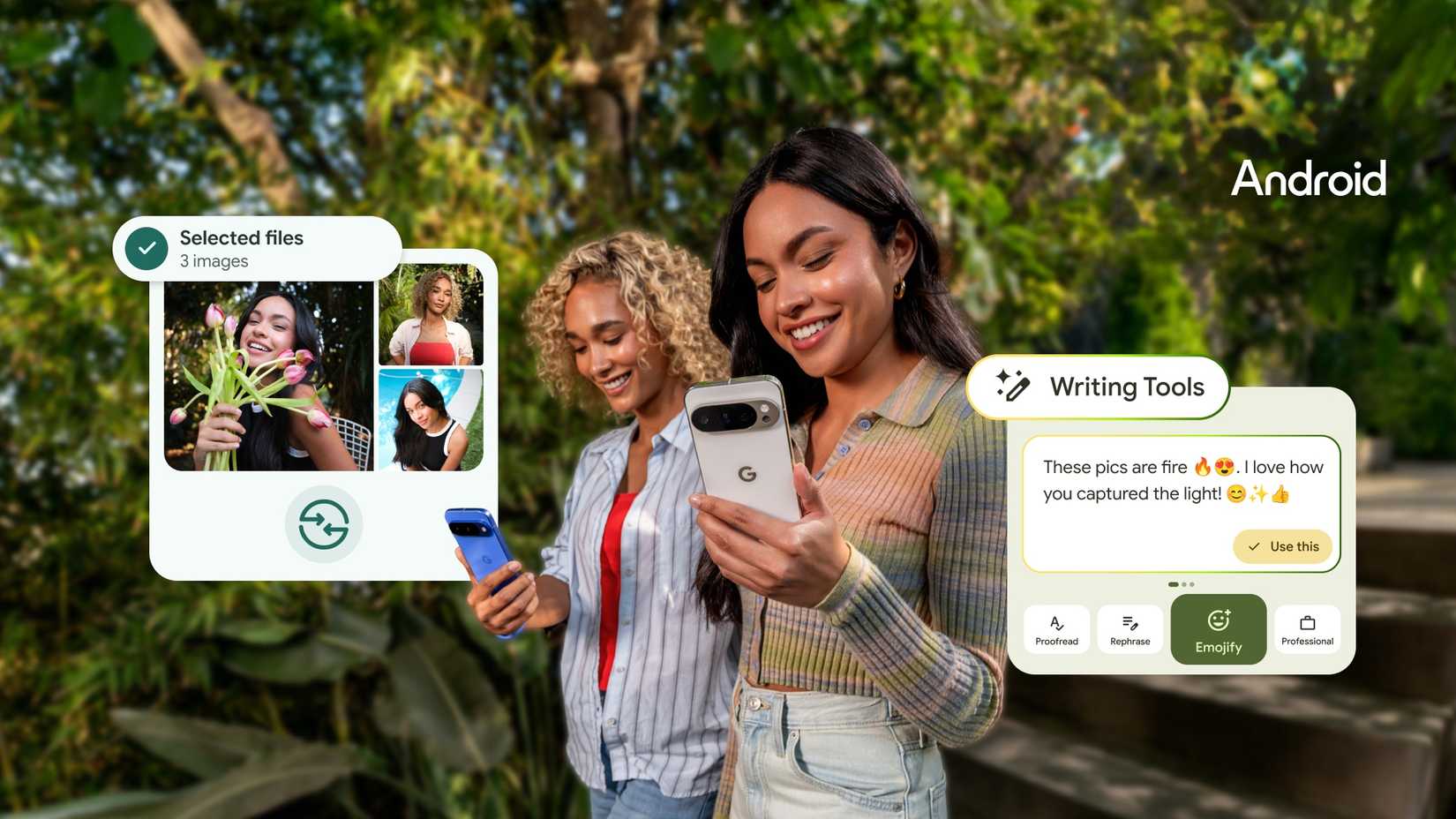 شخصان يمشيان في الخارج ويستخدمان هواتف Pixel، بجوار فقاعات لقطة شاشة لاختيار الصور ومطالبات أدوات الكتابة بالذكاء الاصطناعي في Gboard.
