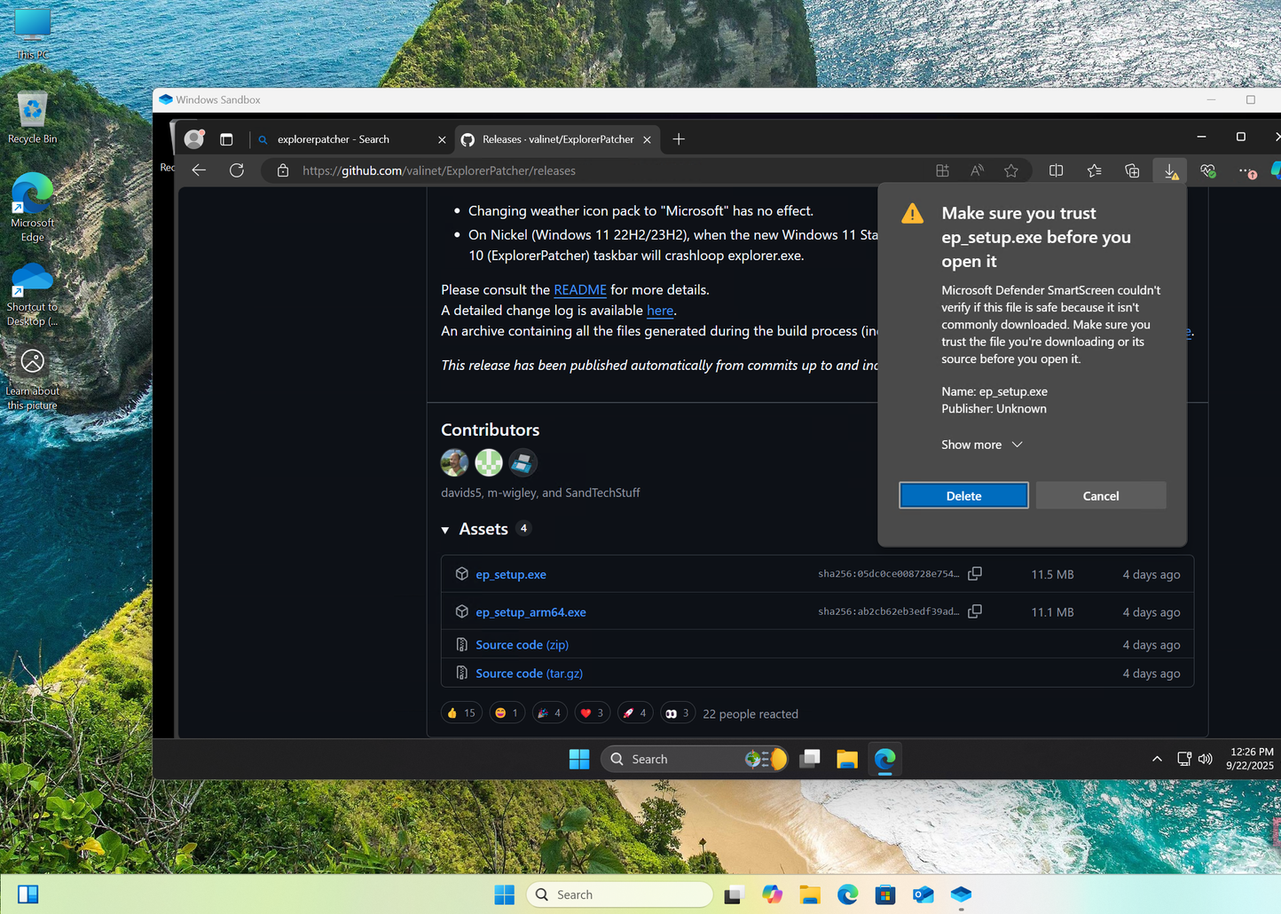 لقطة شاشة لتحذير SmartScreen يظهر بواسطة Microsoft Edge في Windows Sandbox على Windows 11