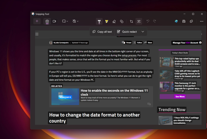 Text recognition in Snipping Tool