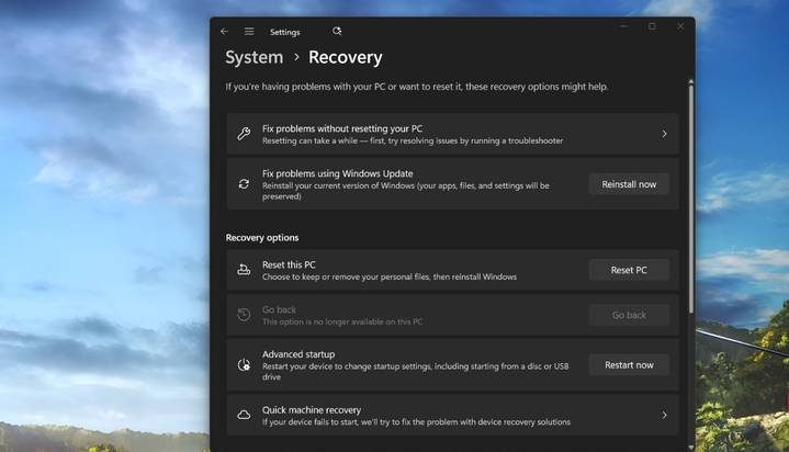 لقطة شاشة لإعادة ضبط النظام وخيارات استعادة Windows الأخرى