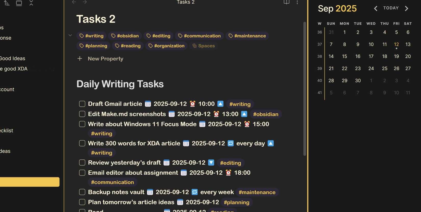 Obsidian Tasks plugin daily writing to-do list with due dates, tags, and priorities