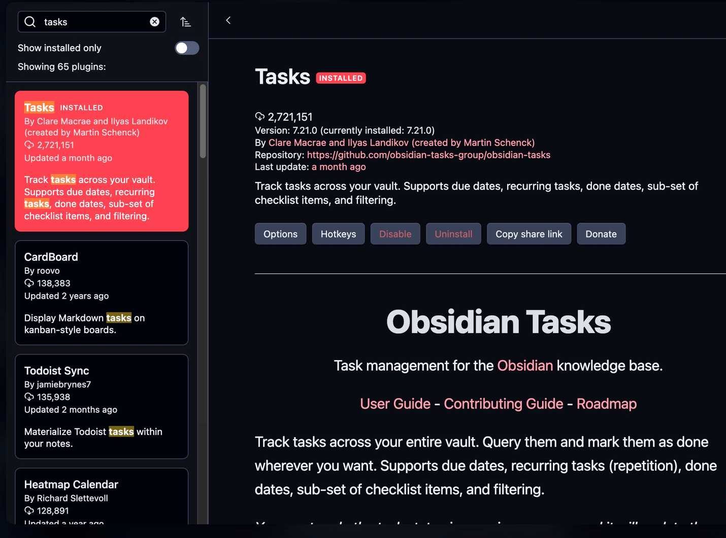 Tasks plugin in Obsidian