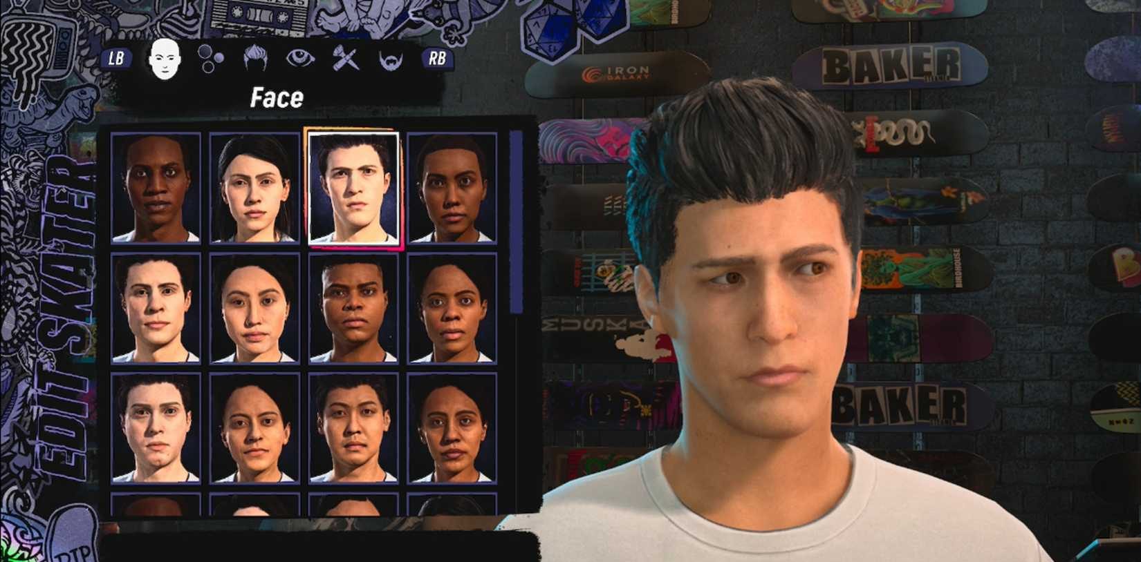 لقطة شاشة لخيارات الوجه في Create-A-Skater في Tony Hawk's Pro Skater 3+4