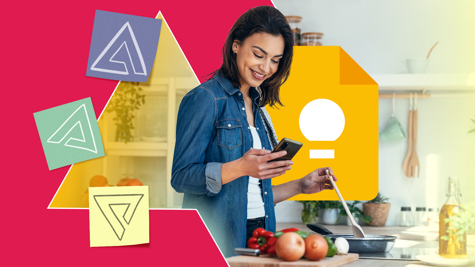 امرأة في المطبخ تستخدم هاتفها أثناء الطهي، مع رمز Google Keep كبير وملاحظات لاصقة ملونة في الخلفية