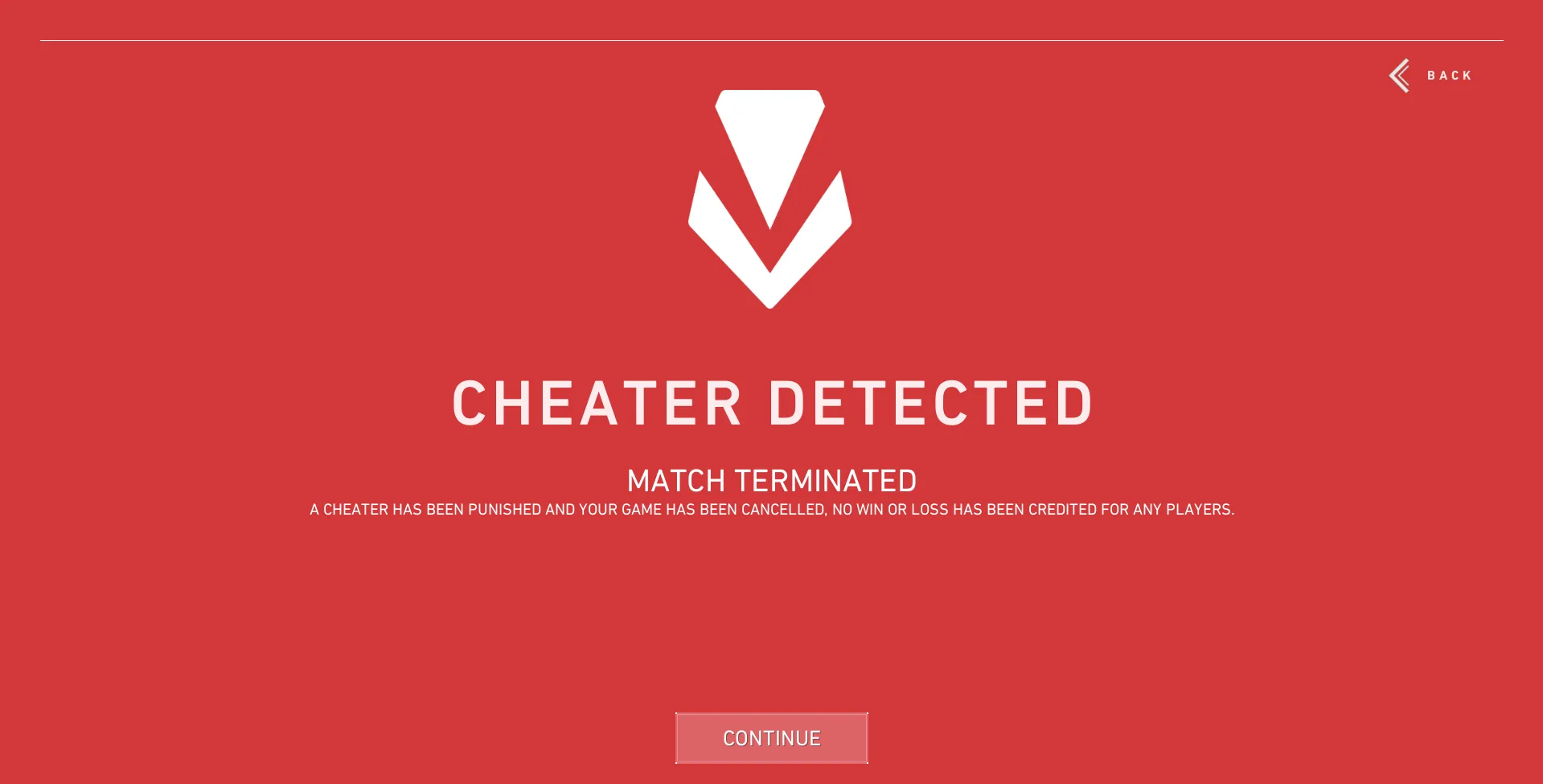 شاشة "تم الكشف عن غشاش، تم إنهاء المباراة" في Valorant