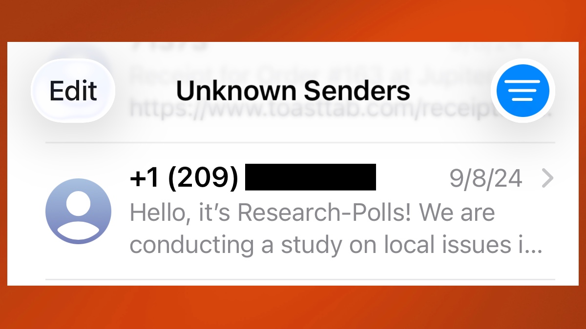 رسالة نصية من مرسل غير معروف في نظام iOS 26