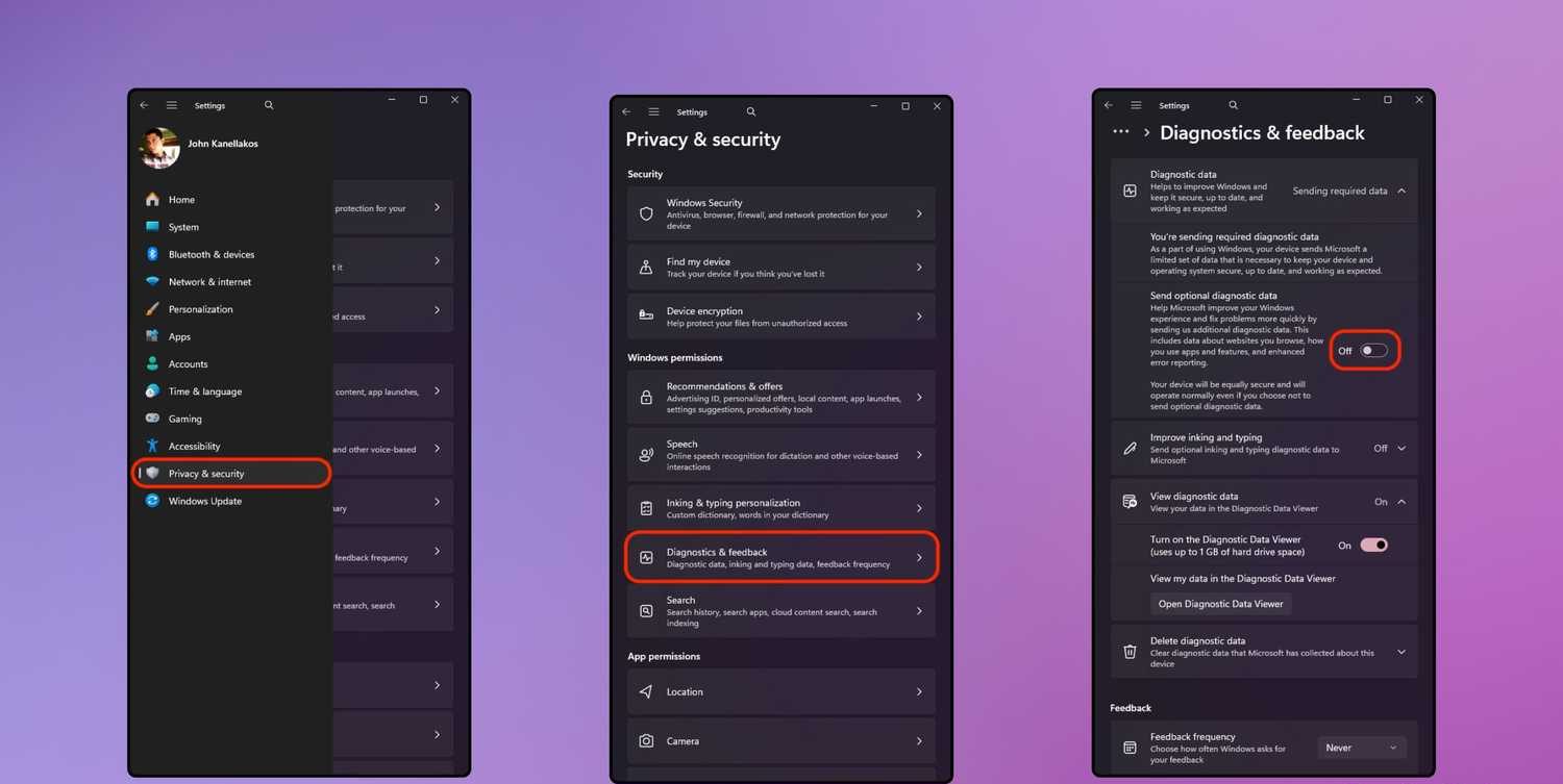 لقطات شاشة لإعدادات التشخيص والملاحظات في Windows 11