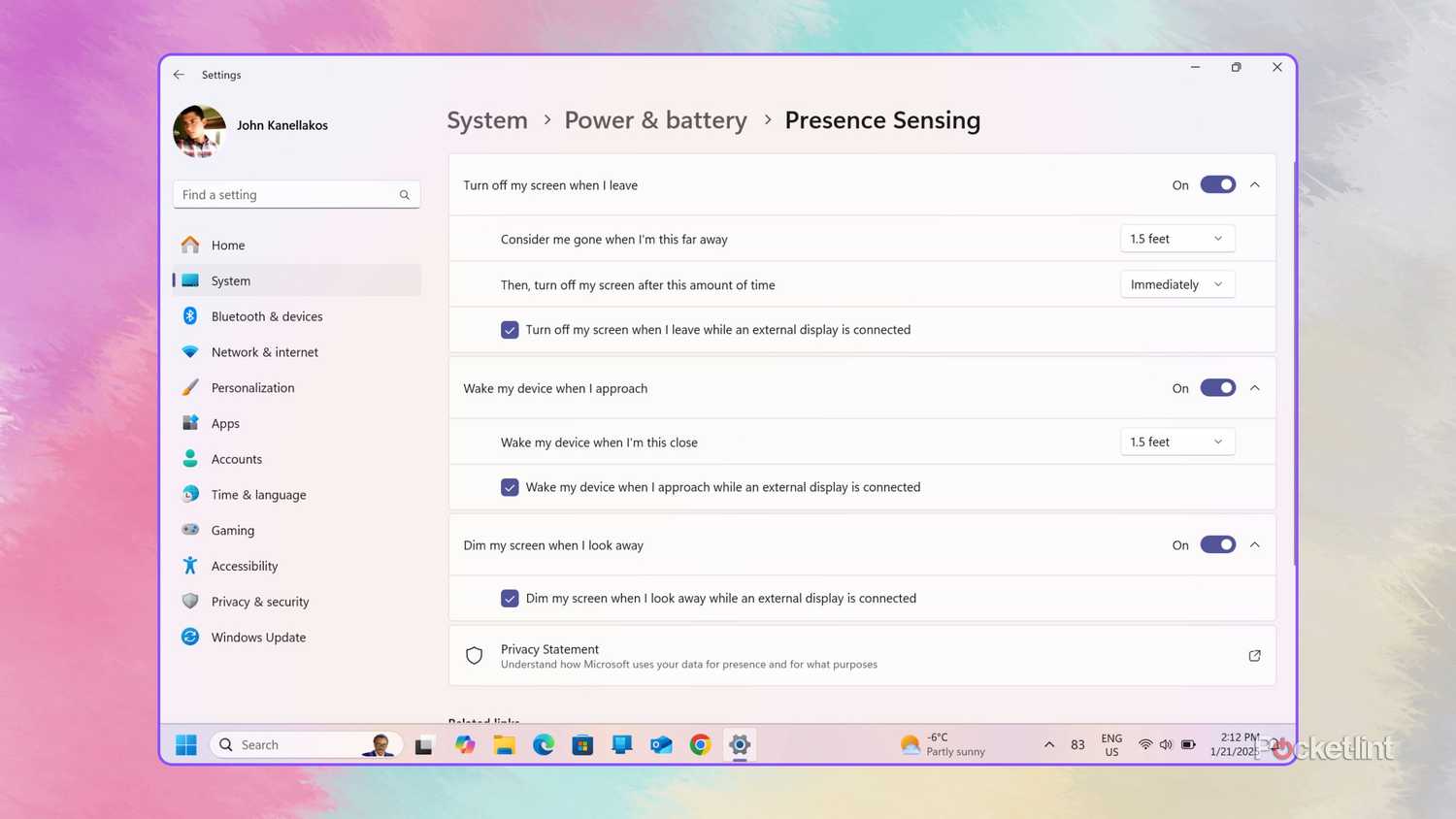 Windows 11 enable Presence Sensing screenshot