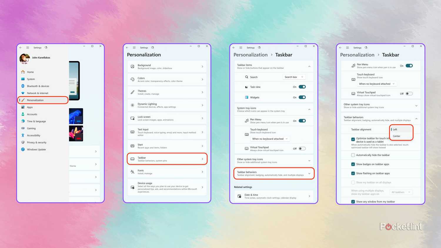 لقطات شاشة لمحاذاة أيقونات شريط المهام إلى اليسار في Windows 11