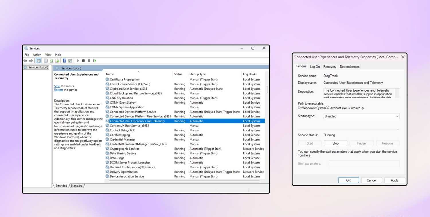 لقطات شاشة لخدمات Windows 11