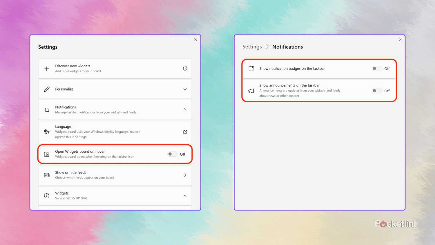 لقطات شاشة لإعدادات لوحة الأدوات في Windows 11