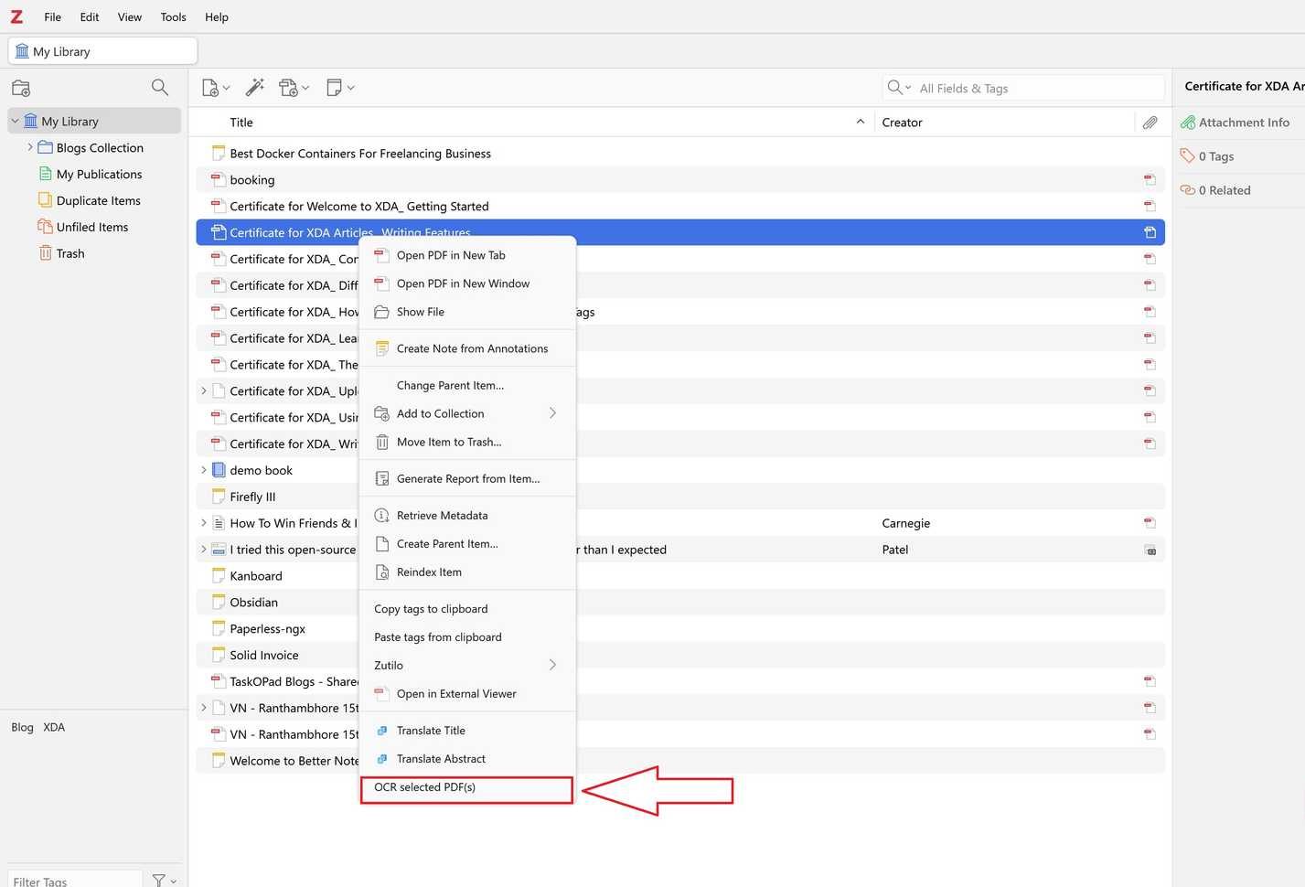 OCR selected PDFs in Zotero
