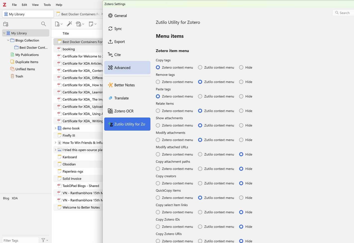 Zutilo plugin in Zotero