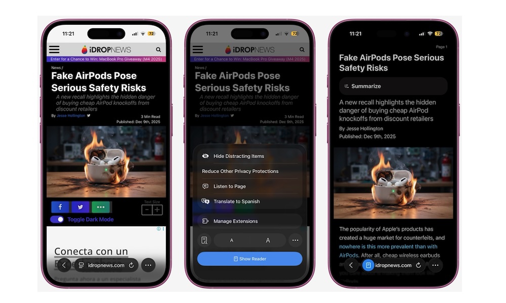 إظهار وضع Reader في Safari لـ iPhone