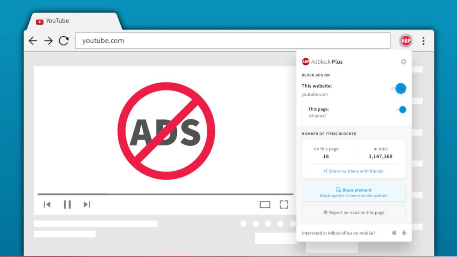 صورة توضيحية لبرنامج Adblock Plus وهو يقوم بحجب إعلانات يوتيوب.