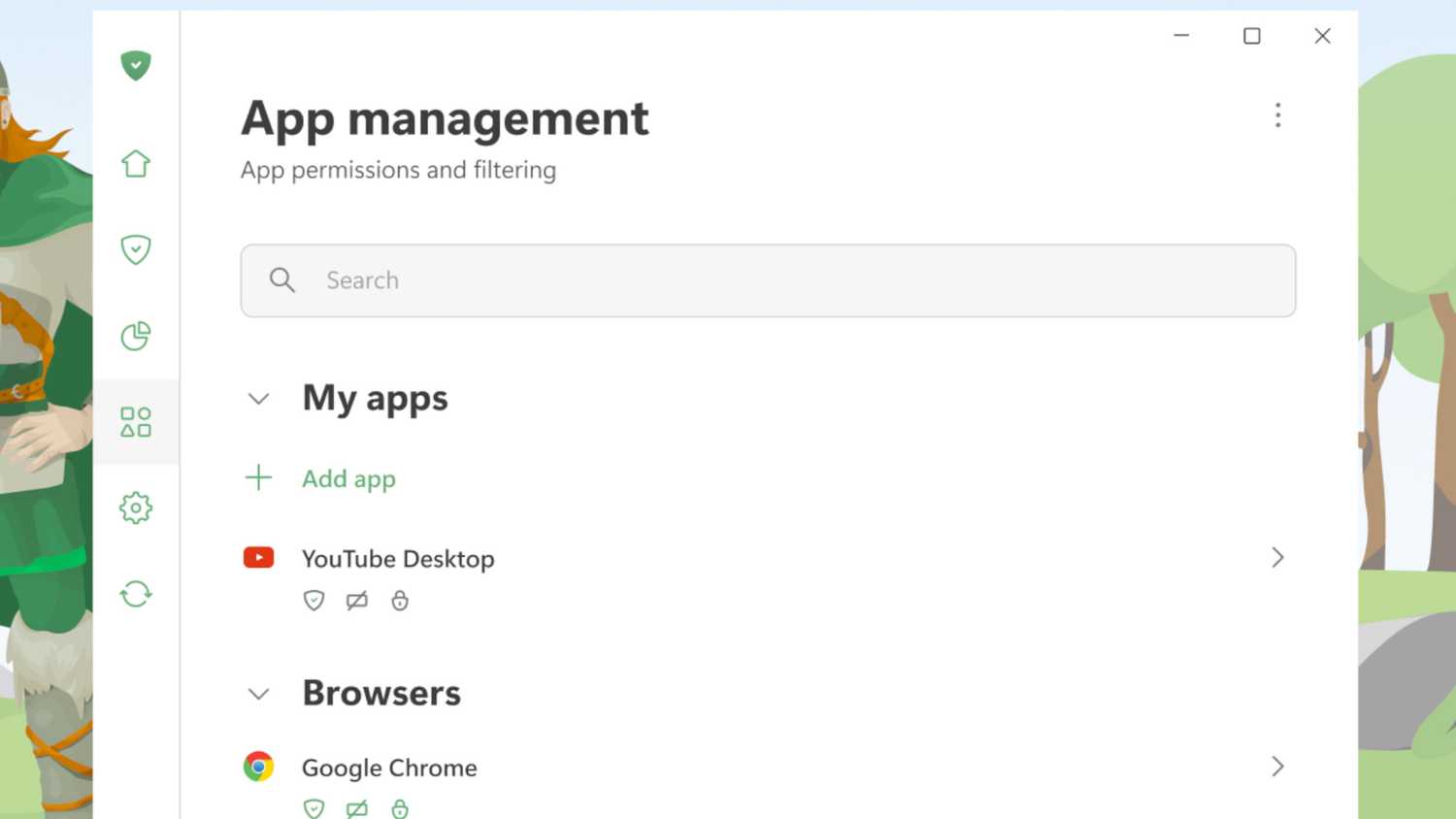 إدارة التطبيقات في AdGuard لنظام التشغيل Windows.