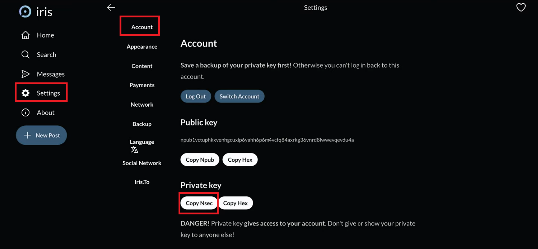 انقر على نسخ Nsec تحت المفتاح الخاص