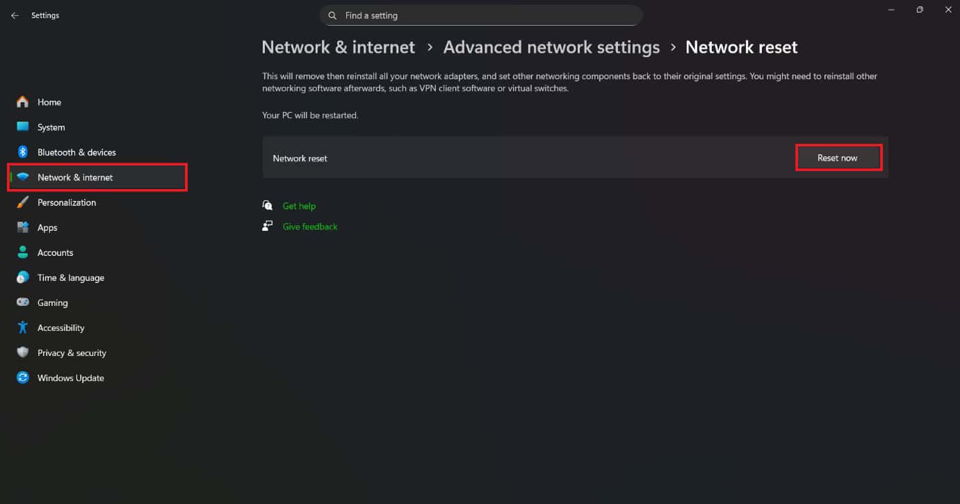 انقر على إعادة التعيين الآن