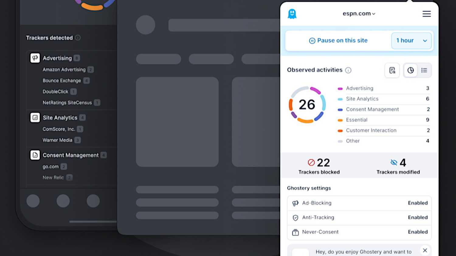 نموذج لإضافة Ghostery على الويب ومعلومات التتبع الخاصة بها.