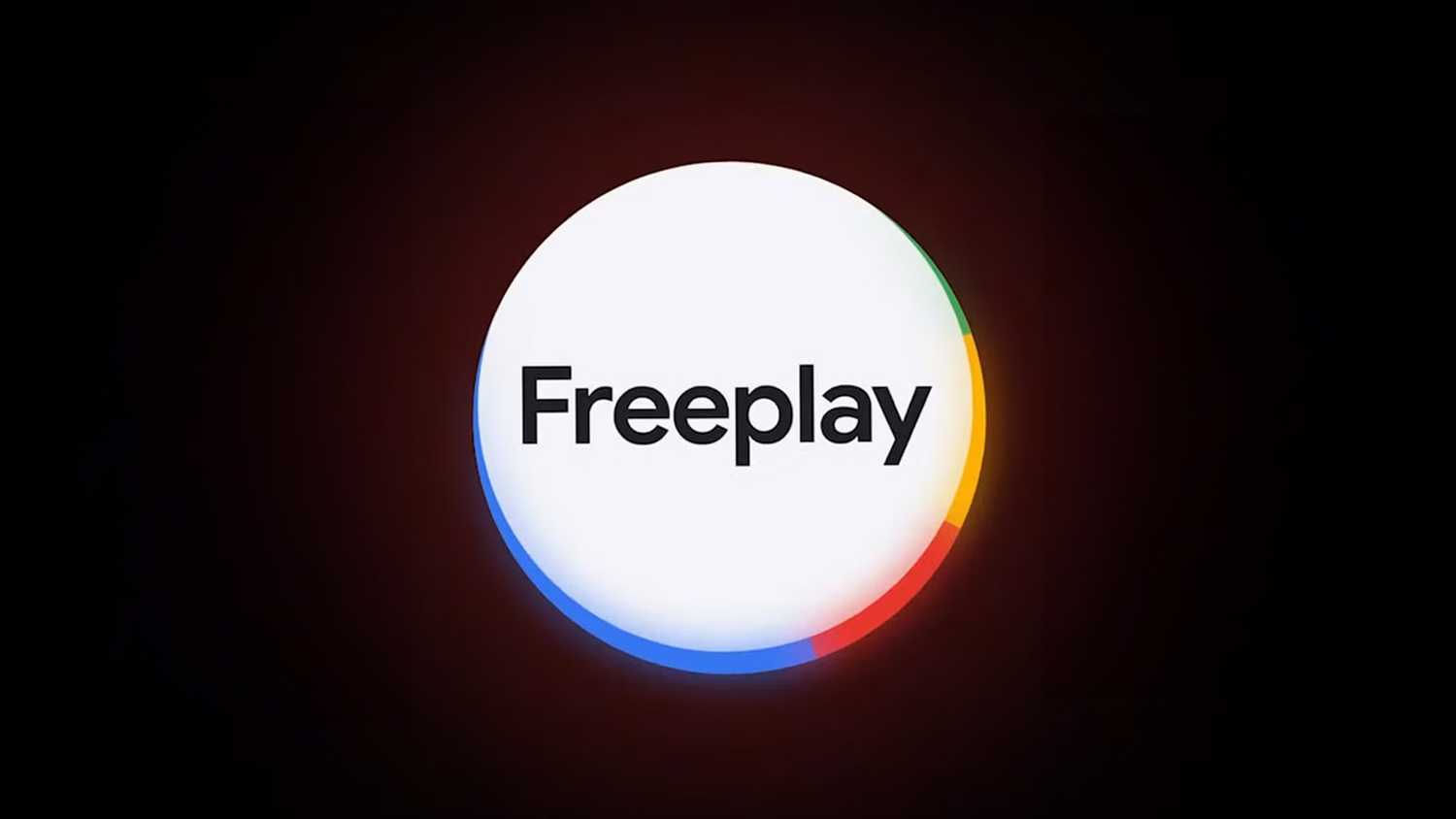 شعار Google TV Freeplay على خلفية حمراء وسوداء.