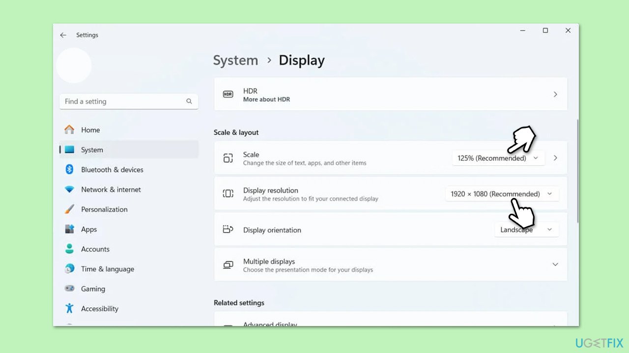 إعادة تعيين إعدادات العرض