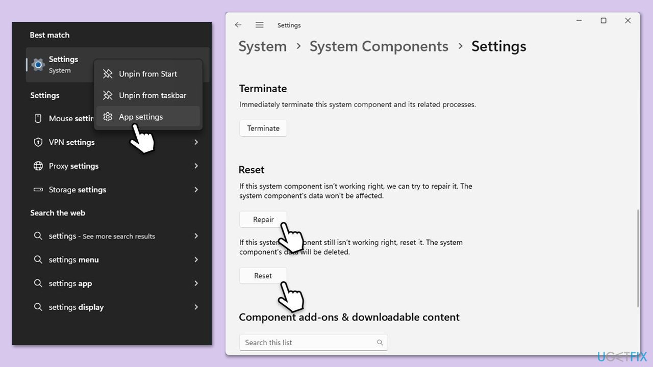 إصلاح أو إعادة تعيين تطبيق الإعدادات