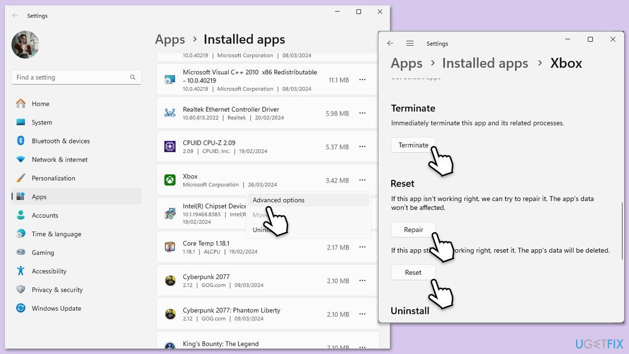 إصلاح أو إعادة تعيين تطبيق Xbox