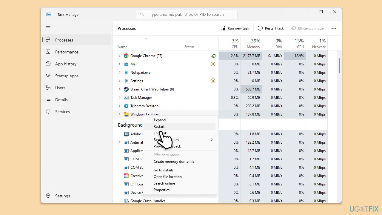 إعادة تشغيل عملية مستكشف Windows