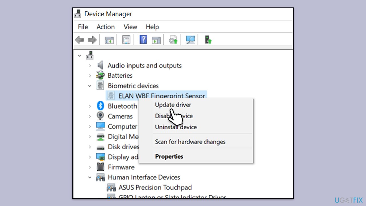 تحديث برنامج تشغيل بصمة الإصبع