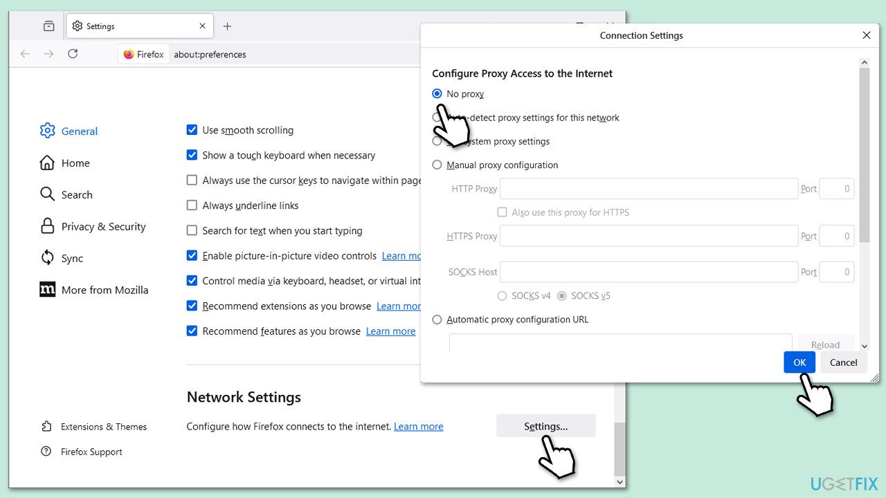 تعطيل الوكيل (البروكسي) في Firefox