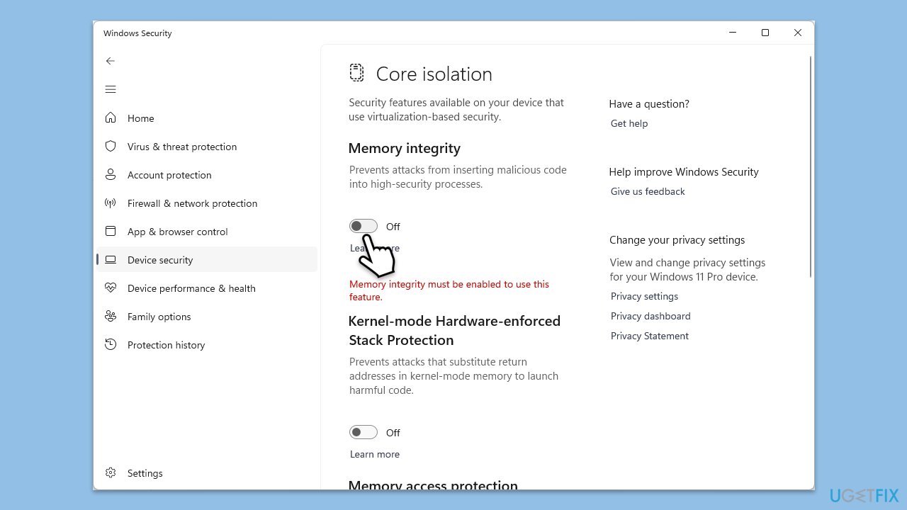 تعطيل Memory Integrity