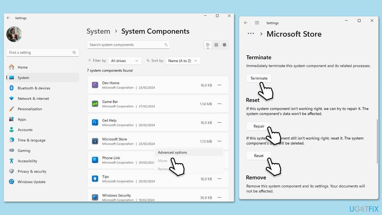 إصلاح أو إعادة تعيين ذاكرة التخزين المؤقت للمتجر