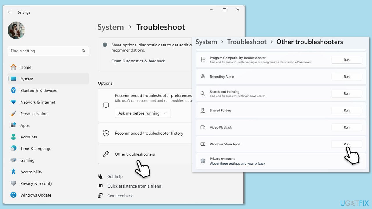 تشغيل مستكشف أخطاء تطبيقات Store ومصلحها