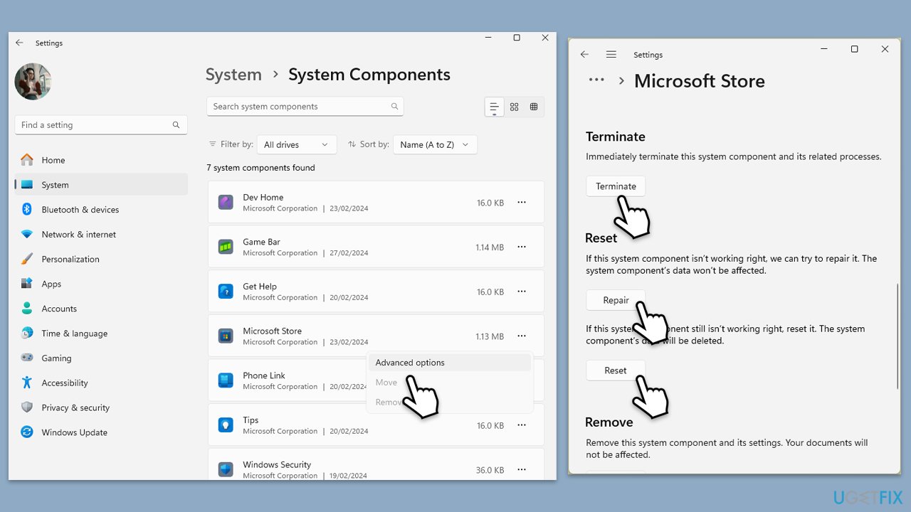 إصلاح أو إعادة تعيين Store