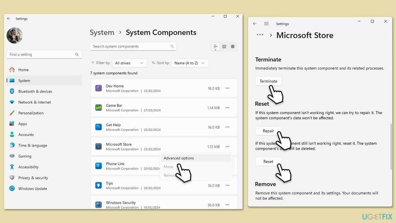 إصلاح أو إعادة تعيين التطبيق