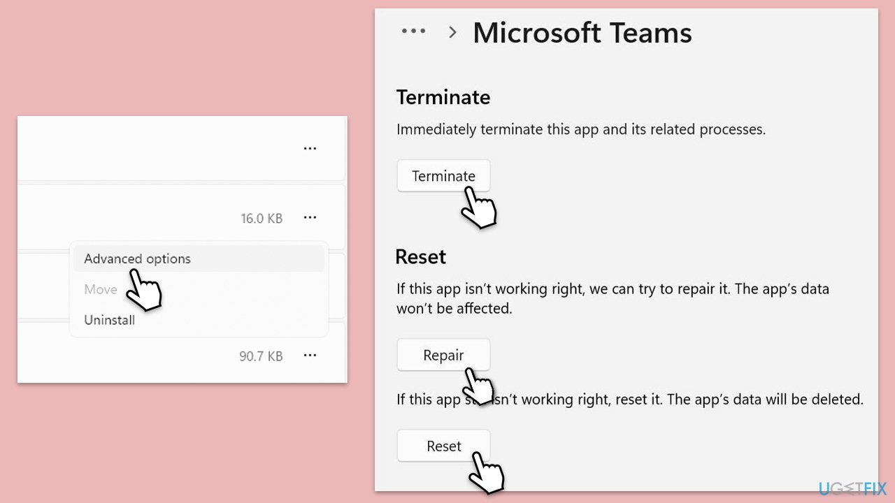 إصلاح أو إعادة تعيين Teams