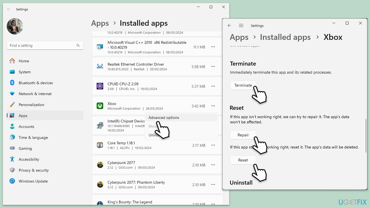 إصلاح أو إعادة تعيين تطبيق Xbox