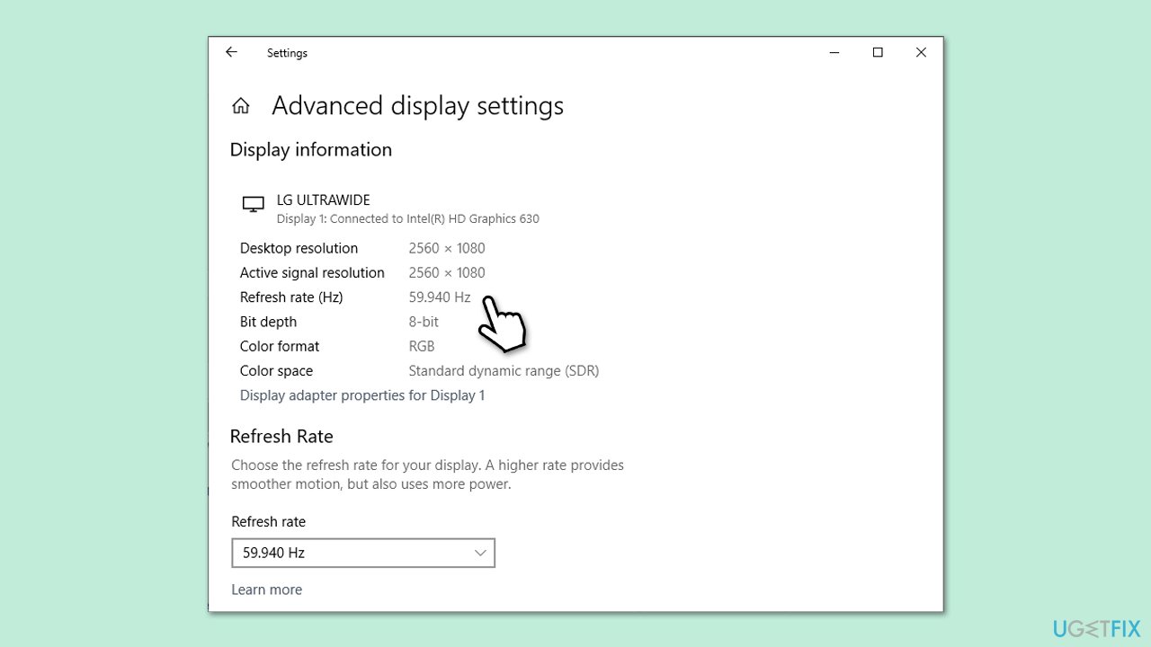 التحقق من إعدادات العرض المتقدمة