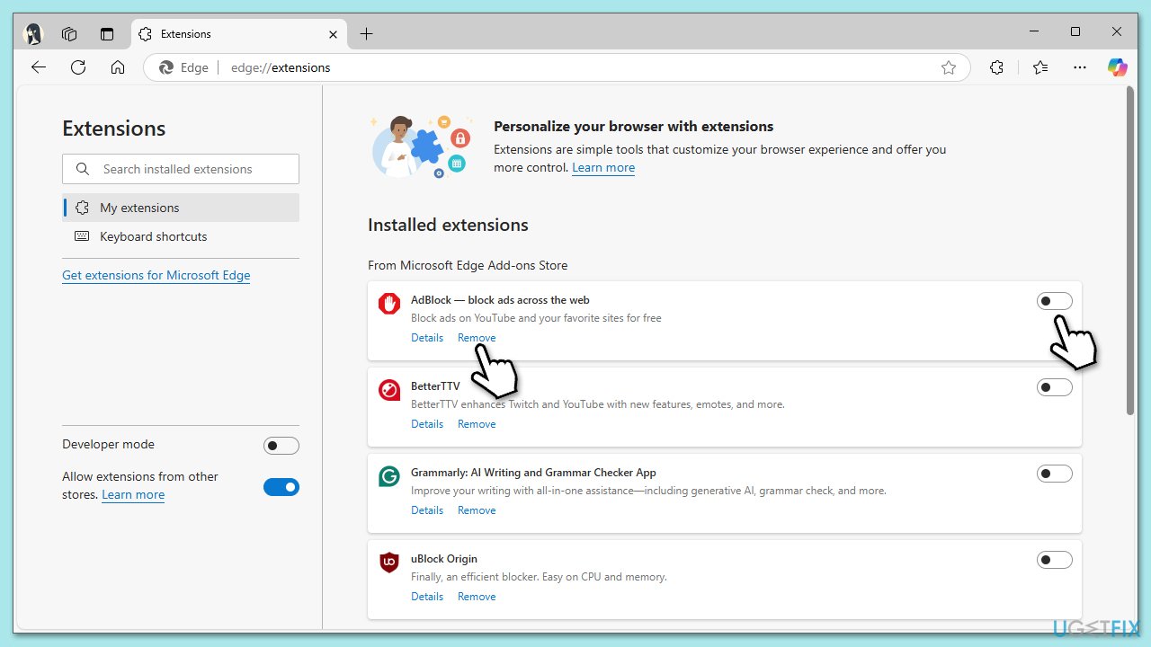 تعطيل إضافات Edge