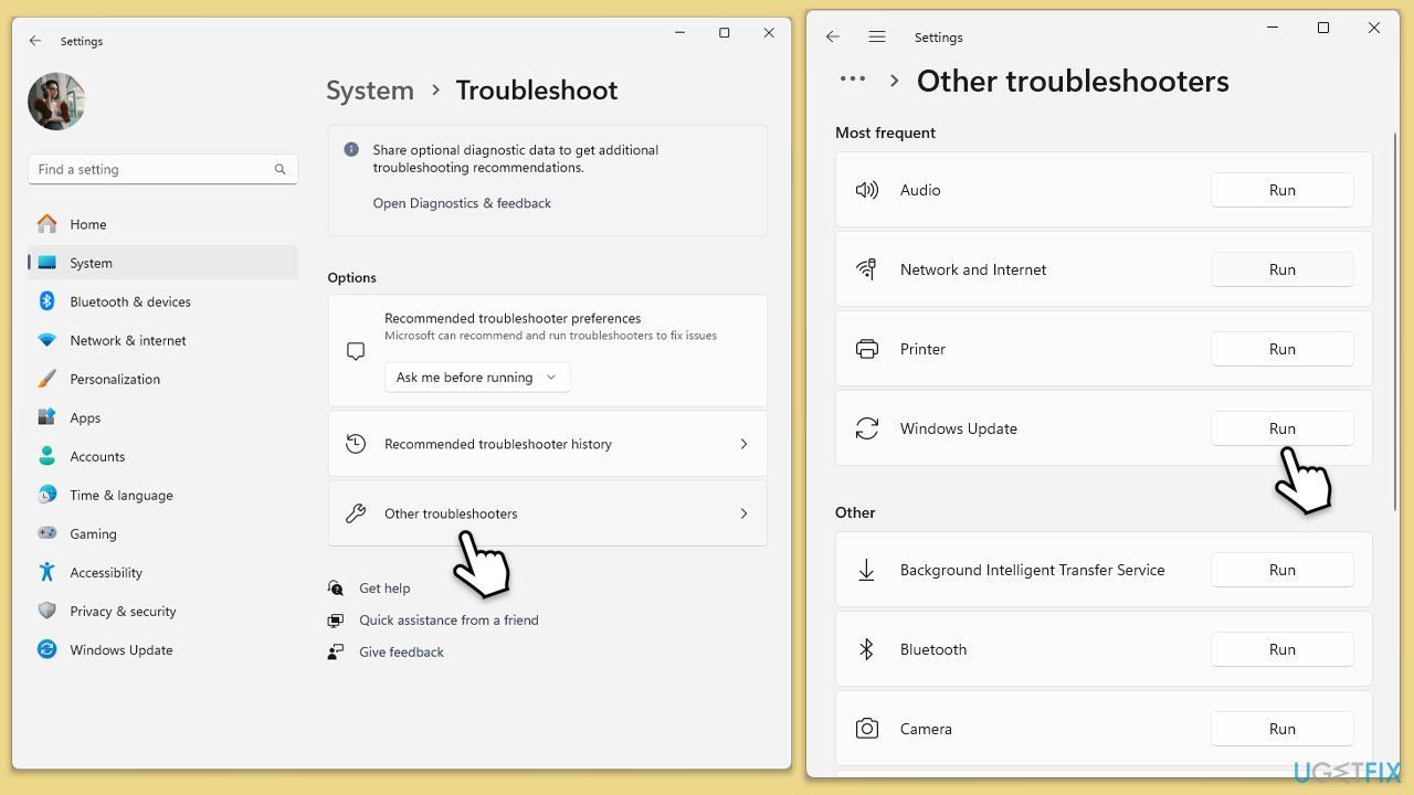 تشغيل مستكشف أخطاء التحديث
