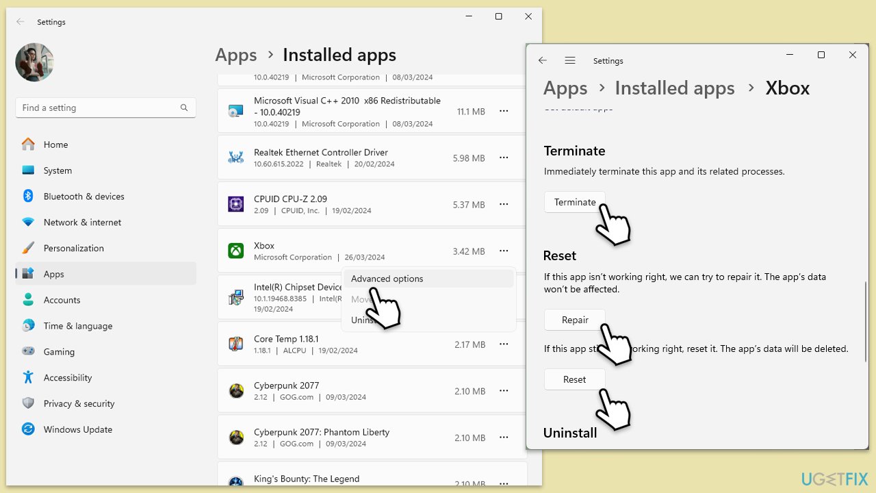 إصلاح أو إعادة تعيين تطبيق Xbox