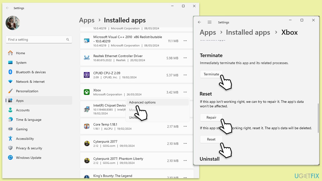 إصلاح وإعادة تعيين تطبيق Xbox