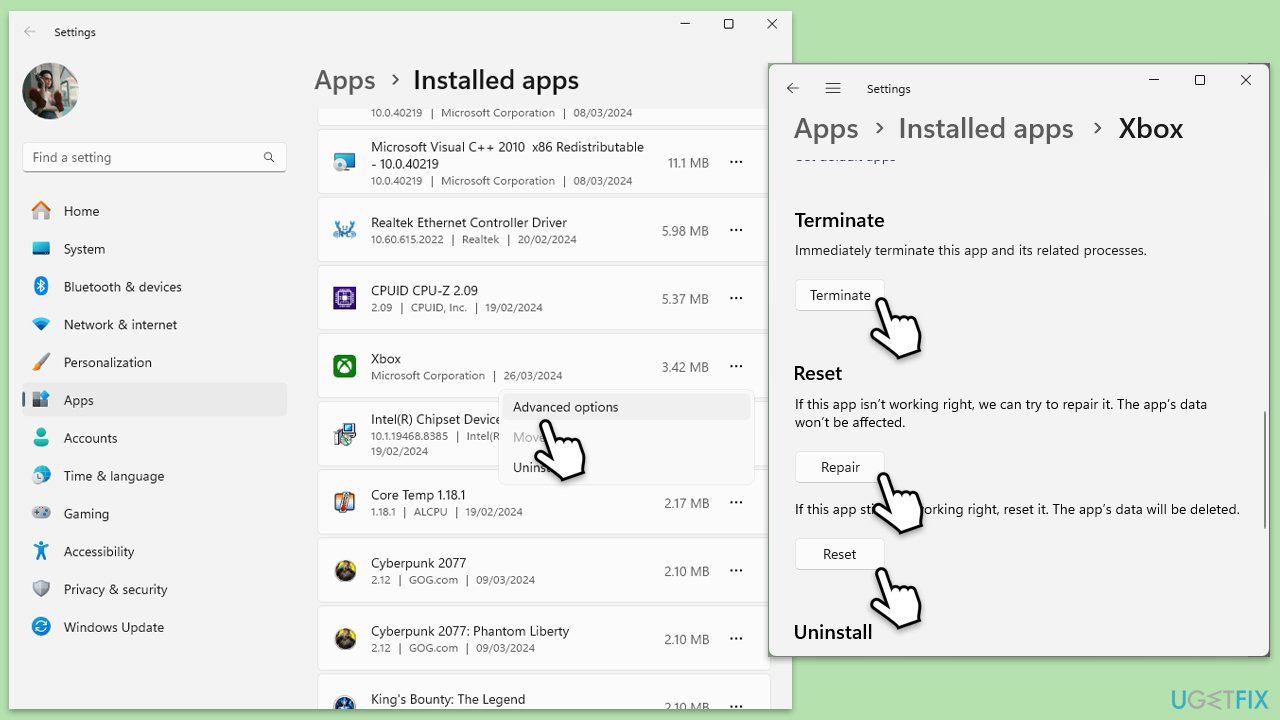إصلاح أو إعادة تعيين تطبيق Xbox