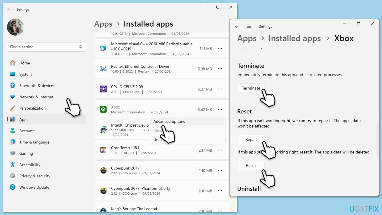 إصلاح وإعادة تعيين تطبيق Xbox