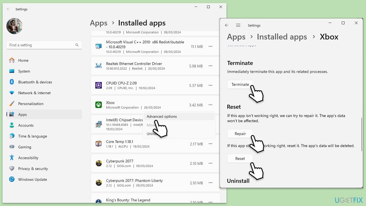 إصلاح أو إعادة تعيين تطبيق Xbox