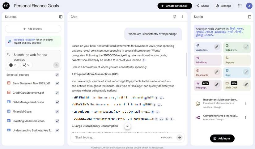 لقطة شاشة تعرض دفتر ملاحظات التمويل في NotebookLM