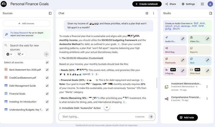 لقطة شاشة تعرض إطار عمل للميزانية في NotebookLM